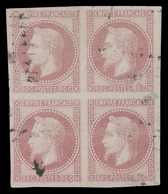 FRENCH COLONIES  15,An impressive used block of four surrounded by large margins,  characteristic bright colour and impression, light thins and  faint horizontal crease on lower pair, top pair is sound,  unobtrusive lozenge of dots cancellation; a scarce used block  with VF appearance; 2016 Sismondo cert. (Scott Classic US$2,900;  Yvert 10 €3,400)