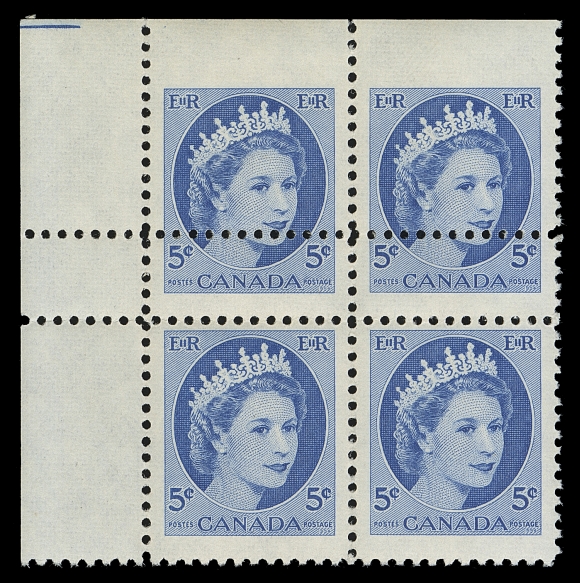 CANADA  341 variety,A striking mint corner block with a major 16mm downward shift of the top perforation row resulting in "imperforate" between top margin and top stamps, unusual cutting guideline visible at upper left. A great item for the specialist, VF NH