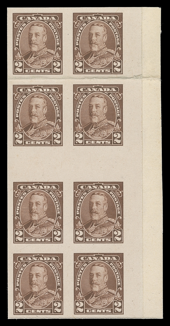 CANADA  217-222,The set of six plate proof blocks of eight in issued colours on card mounted india paper; each with interpanneau horizontal gutter margin at centre, fold between first and second rows as do all known examples. A visually striking set, VF (Unitrade cat. $4,800 as eight sets of singles - no premium added for these very scarce positional blocks.)