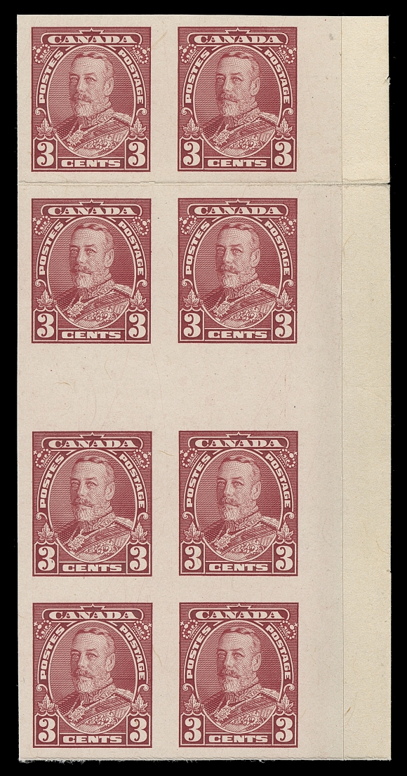 CANADA  217-222,The set of six plate proof blocks of eight in issued colours on card mounted india paper; each with interpanneau horizontal gutter margin at centre, fold between first and second rows as do all known examples. A visually striking set, VF (Unitrade cat. $4,800 as eight sets of singles - no premium added for these very scarce positional blocks.)