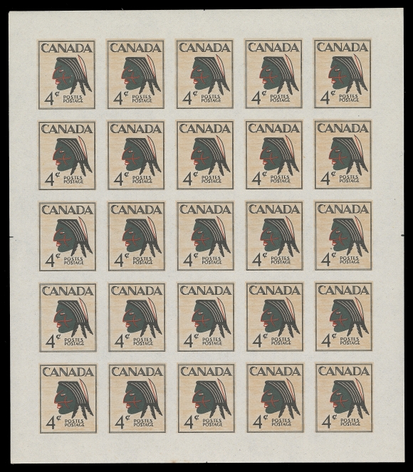 CANADA  Plate essay imperforate full sheet of 25 on gummed stamp paper, printed in black, red, green and fawn; never issued likely owing to the high cost of a four-colour printing process. Most appealing and very scarce as a sheet, VF NH