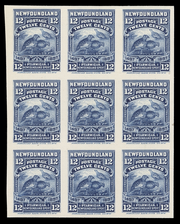 NEWFOUNDLAND  61-74,An exceptional set of fourteen plate proof blocks of nine (3x3) in issued colours on card mounted india paper, multiples larger than in blocks of four are virtually unheard of, VF-XF (Unitrade cat. $6,975)