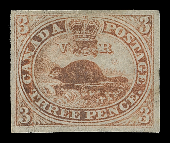 CANADA  1,A seldom seen unused single, faint laid lines, repaired at left and somewhat oxidized. Nevertheless, a presentable and very fine appearing example of this stamp that is rarely available in unused condition; 2020 Greene Foundation cert. (Unitrade cat. $60,000)