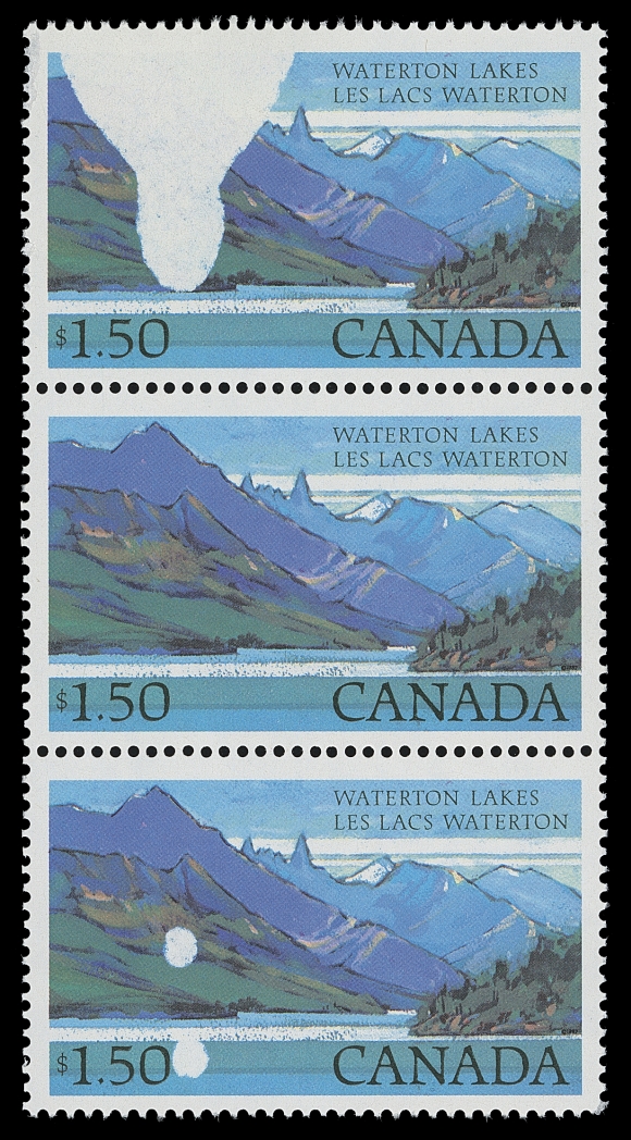 CANADA  935 variety,Mint vertical strip of three showing "repellex" variety with a large unprinted area on upper stamp and couple small spots on lower stamp, unusual and striking, VF NH