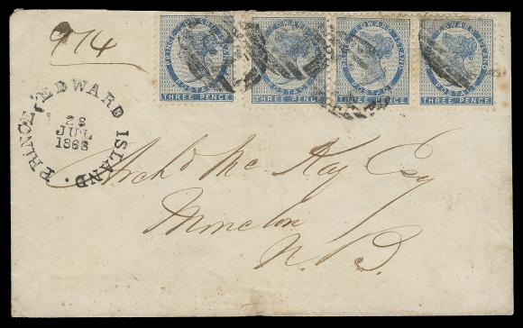 PRINCE EDWARD ISLAND  1868 (July 28) A beautiful registered cover registered from Charlottetown to Moncton, NB franked with single and strip of three 3p blue perf 11½-12, single with small flaws, cancelled/tied by grid 