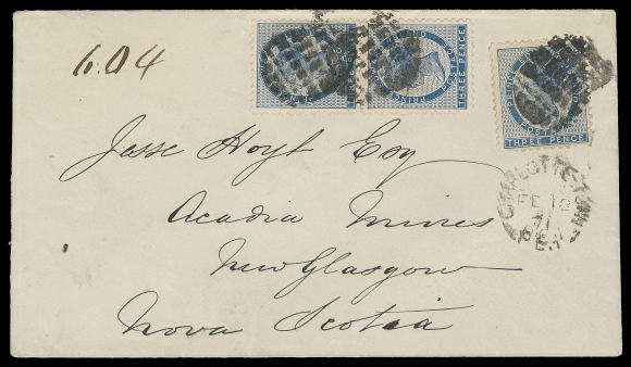 PRINCE EDWARD ISLAND  1871 (February 18) An extraordinary registered cover from Charlottetown to Acadia Mines, NS bearing pair and single 3p blue perf 11½-12 tied by segmented corks, dispatch split ring below, partially legible FE 20 receiver backstamp. The ONLY KNOWN cover bearing three 3p blue, paying 3p interprovincial letter rate plus 6p registration; superb and immaculate in all respects which is rare for a cover from PEI, XF (Unitrade 6)Expertization: 2008 Greene Foundation cert.Provenance: The "Halifax" Collection (Max Guggenheim), October 1984; Lot 1232Randall Martin, September 2008; Lot 980Warren Wilkinson, December 2009, Lot 176