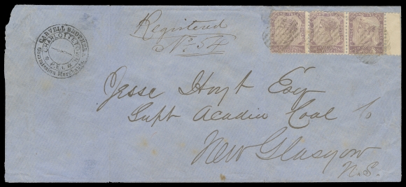 PRINCE EDWARD ISLAND  1866 (August 1) Legal size cover with Carvell Brothers Commission Merchants handstamp mailed registered to New Glasgow, NS, displaying an impressive franking of 9p violet perf 11 strip of three, small faults, tied by oval grids; on reverse Prince Edward Island AU 1 1866 double arc dispatch (Lehr P5) and Pictou AU 2 transit. Cover with vertical folds away from stamps. One of the largest known 9 pence frankings paying a very rare seven-fold Interprovincial letter rate of 21 pence plus 6 pence registration fee, Fine (Unitrade 8d)Expertization: 1969 RPS of London certificateProvenance: Dale-Lichtenstein, Sale 5, May 1969; Lot 1058 - brought then an impressive US$875 hammer                   "Halifax" (Max Guggenheim), October 1984; Lot 1234                   "R / VC" (Dr. R.V.C. Carr) circular backstamp                   Warren Wilkinson, December 2009; Lot 186