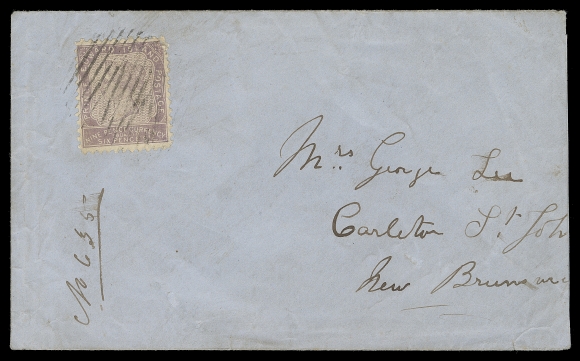PRINCE EDWARD ISLAND  1867 (April 23) Blue cover sent registered to Carleton St. John, NB, paying the combined registration fee and interprovincial rates with a single 9p violet perf 11 neatly tied by grid, small corner flaw to stamp and envelope slightly reduced at right; on reverse Prince Edward Island AP 23 double arc dispatch (Lehr P5) and clear Saint John AP 27 and Carleton St. John AP 29 receiver, Fine (Unitrade 8d) ex. Dr. R.V.C. Carr (February 1999; Lot 452), Martyn Cusworth (March 2005; Lot 1241)