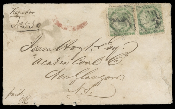 PRINCE EDWARD ISLAND  1866 (November 24) Registered cover from Charlottetown to New Glasgow, NS bearing two 6p yellow green perf 11½-12 cancelled by grids, one with crease, cover soiling and faults, oval REGISTERED handstamp in red (Lehr P100 - six examples known), paying double Interprovincial letter rate + 6p registration, 2000 Greene Foundation cert. (Unitrade 7)Provenance: Warren Wilkinson, December 2009; Lot 182THE ONLY KNOWN SUCH FRANKING AND THE SOLE REPORTED COVER BEARING TWO EXAMPLES OF THE 6 PENCE STAMP (OF ANY PRINTING).