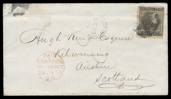 PRINCE EDWARD ISLAND  1872 (December 23) Cover from Charlottetown to Scotland paying the short-lived 6c colonial Trans-Atlantic rate to the UK. Stamp and cover with repaired tears from opening, tied by Star cancel (Lehr P130), Charlottetown split ring dispatch at left, clear circular Paid Liverpool Br. Packet 24 JA 73 datestamp in red, Kilwinning JA 25 receiver on back. An extremely rare 6c black single franking to the UK, Fine appearance; 2004 Greene Foundation cert. (Unitrade 15) ex. Martyn Cusworth (March 2005; Lot 1268), Alan Griffiths (April 2012; Lot 891)Surprisingly ONLY TWO SUCH FRANKINGS to the United Kingdom are reported; the vast majority of frankings are to the United States.