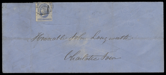 PRINCE EDWARD ISLAND  1873 (February 4) Blue legal size envelope from Georgetown, PEI to Charlottetown franked with a single 2c ultramarine, perf flaws at top from placement, THE ONLY RECORDED SINGLE-FRANKING, pays a double circular rate (one cent per half ounce), file folds to envelope away from stamp; on reverse clear Georgetown double arc dispatch and next-day Charlottetown split ring receiver. A great cover ideal for exhibition, Fine (Unitrade 12)Expertization: 1969 RPS of London certificateProvenance: Dale-Lichtenstein, Sale 5, May 1969; Lot 1082"R / VC" (Dr. R.V.C. Carr) circular backstampWarren Wilkinson, December 2009; Lot 231