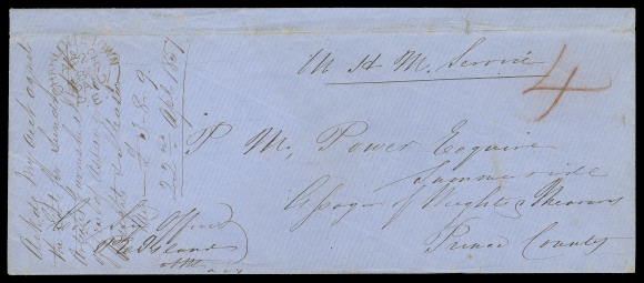 P.E.I. STAMPLESS COVERS  1857 (April 22) Blue legal envelope, endorsed "O.H.M.S." from Colonial Secretary Office at Charlottetown, red crayon rate "4" prepaid to Summerside, neat Charlottetown AP 22 1857 PAID double arc dispatch (Lehr P24) in red at top, superb and rarely seen large red circular Summerside P.E. Island 23 APR 1857 (Lehr P50) backstamp, file fold at top, appealing, F-VF; ex. "Edwards" Collection (J.R. Saint) (April 1999; Lot 254), Martyn Cusworth (March 2005; Lot 1053)