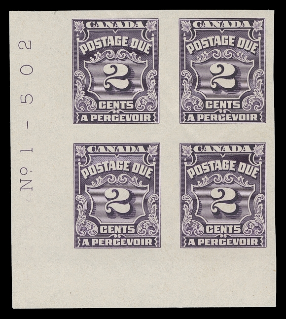 CANADA  J15a-J20a,The complete set of four in mint corner blocks of four; diagonal bends on 2c and 4c, 2c shows the lower left corner "No 1 - 502" imprint, an appealing positional set with full original gum, VF NH