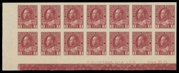 CANADA  138,Plate 126 Mint lower left strip of fourteen with full strength Type D lathework, large margined with deep colour, VF NH
