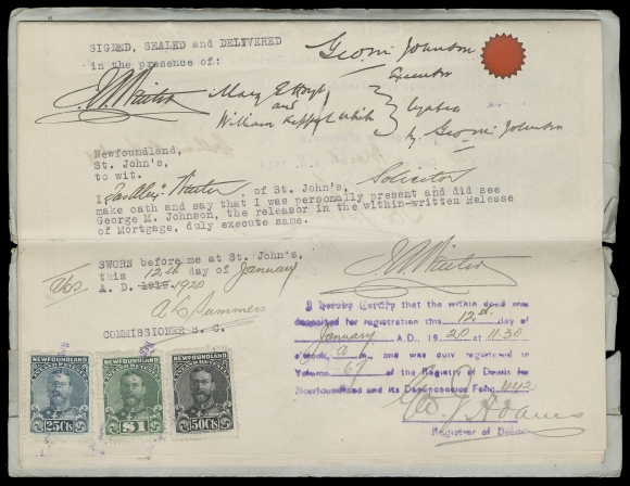 NEWFOUNDLAND REVENUE DOCUMENTS  NFR2, 13, 18-20,Multi-page folded document, registered dates of March 28, 1914 and Jan. 12, 1920 bearing a highly unusual three-reign franking: one page bears a 10c brown Queen Victoria alongside the key $5 KEVII and a 25c blue KGV; another page with KGV 25c slate, 50c black & $1 green. A fabulous usage, F-VF (Van Dam $834 for stamps alone)