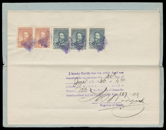 NEWFOUNDLAND REVENUE DOCUMENTS  NFR18a, 23,Clean multi-page folded document dated May 23, 1935 bearing a lovely side-by-side franking of KGV 25c slate perf 11 (3) plus a pair of the sought-after $25 salmon perf 12 tied by purple corks, for a total rate of $50.75. A very rare usage of the high value and especially desirable in such choice condition, VF (Van Dam $653 for stamps alone)