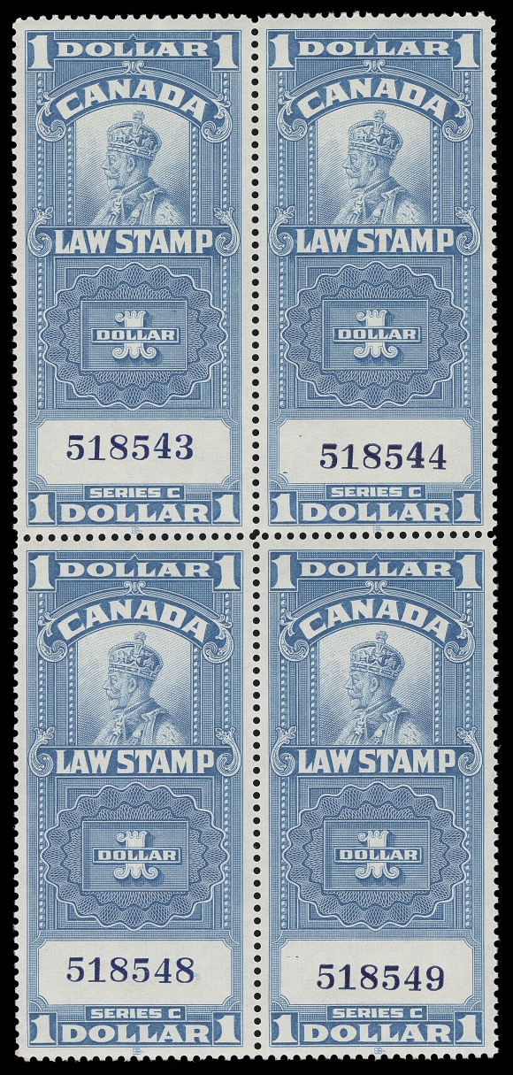 CANADA REVENUES (FEDERAL)  FSC18, 21/25,Along with 1938 10c blue KGVI (2) and slate shades, 25c blue & 50c blue, all in fresh, well centered mint blocks of four, VF NH (Van Dam cat. $556)
