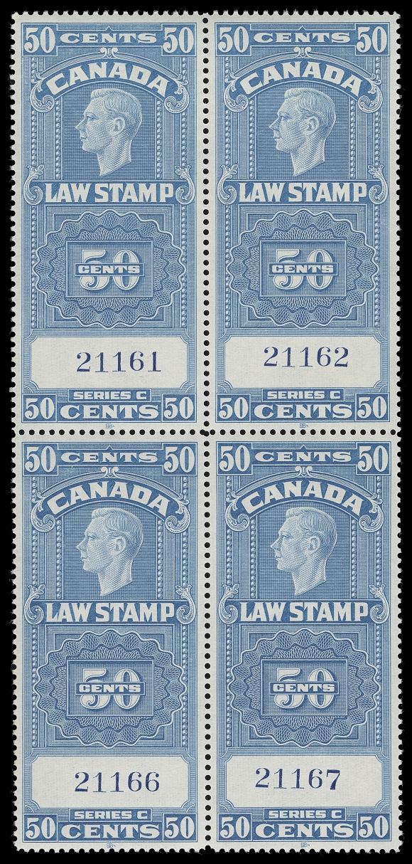 CANADA REVENUES (FEDERAL)  FSC18, 21/25,Along with 1938 10c blue KGVI (2) and slate shades, 25c blue & 50c blue, all in fresh, well centered mint blocks of four, VF NH (Van Dam cat. $556)