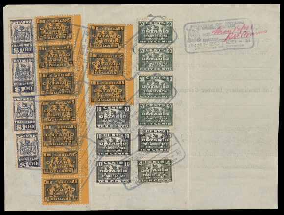 CANADA REVENUES (PROVINCIAL)  OST20, 22, 25, 27, 33,Folded receipt dated May 16, 1941 for transfer of 220 shares, with an impressive franking away from folds: 1935 horizontal format 4c olive green, 10c black (4), 50c green (4), $1.50 blue on orange (10) and vertical format $1 blue (4) for a total of $21.44 tied by Ontario Treasury boxed handstamps, F-VF (Van Dam cat. $1,013 for stamps)