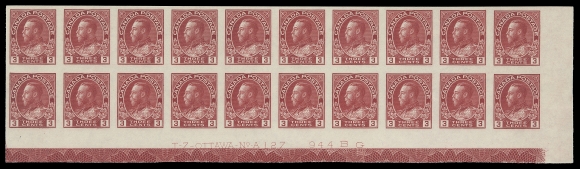 CANADA  138,A selected Plate 127 lower right mint strip of twenty with full Type D lathework, 18 stamps are NH including the central plate block, VF LH