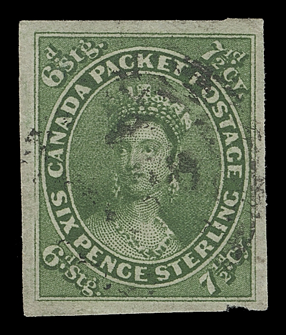 CANADA  9a,An outstanding used single of the underrated deep shade, displaying lovely, rich colour on pristine paper, margins well clear at foot to amazingly large, light cancellation, VF+ CDS; 2002 Greene Foundation cert.