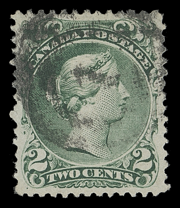 CANADA  24a,A very well centered used single with balanced large margins and intact perforations, showing portion of watermark "TH" at top, central two-ring cancel of Montreal; difficult to find this nice, VF; 2009 Greene Foundation cert.