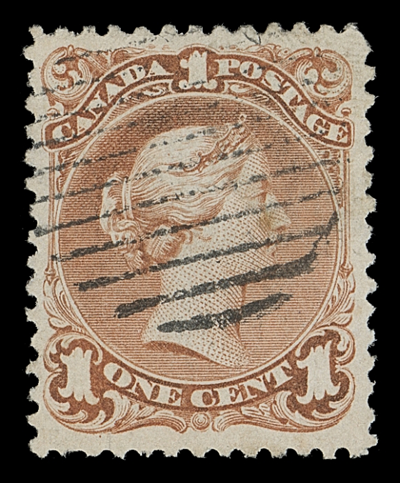 CANADA  22a,A brilliant fresh example showing large portion of watermark "S" letter of "MILLS"; trivial shorter perf at lower left typical of the strong vertical mesh Bothwell paper, neat central grid cancellation, VF; clear 2006 Greene Foundation cert.