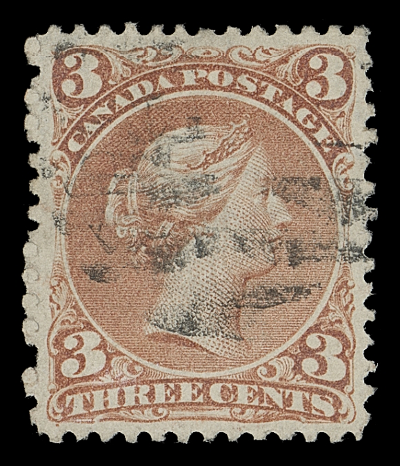 CANADA  25a,An extremely well centered used single showing large portion of "LLS" of "MILLS", light unobtrusive cancellation, a few uncleared perf discs at left but with intact perforations all around which is hard to find on a watermarked Large Queen, XF