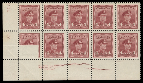 CANADA  254 variety,Lower left mint Plate 31 block of ten with a prominent cracked plate and a remarkable pre-printing paper fold, showing an unprinted portion of the design (appears on the reverse with part of the imprint & cracked plate), light overall gum disturbance. A great item, F-VF