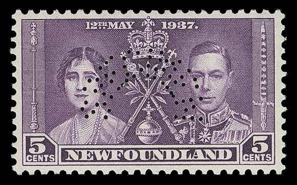 NEWFOUNDLAND  226-229, 230-232,and 1937 Coronation set of three, all with curved perforated SPECIMEN; the KGV 4c has tiny corner thin and 7c has small area of gum toning, otherwise all are NH and F-VF (Unitrade cat. $800)