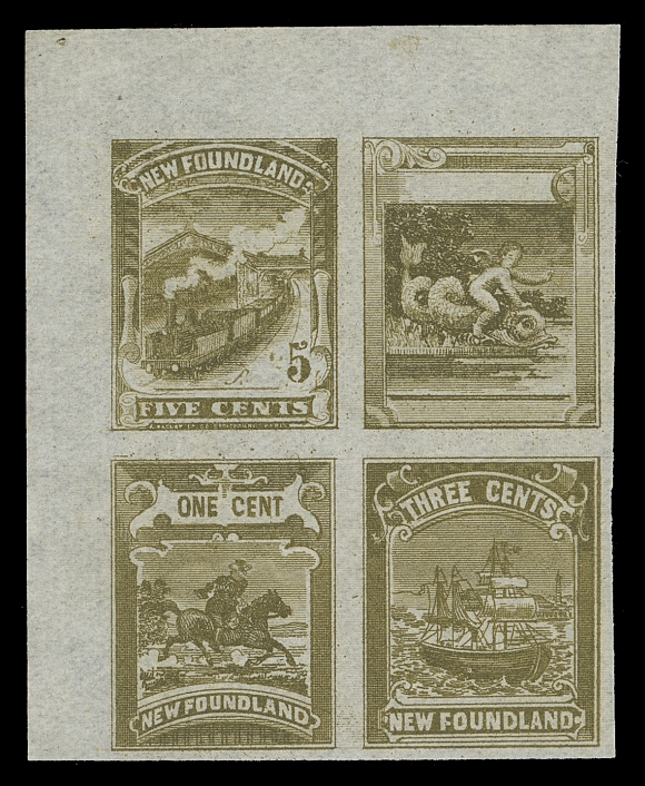 NEWFOUNDLAND FAKES AND FORGERIES  Imperforate se-tenant block of four in olive on thin wove paper, ungummed. Attributed to William B Hale and printed in France, displays four different designs in denominations 1c, 3c, 5c and undenominated "Child Riding Fish", highly unusual and striking, VF; ex. Ed Wener (June 2012; Lot 261)A similar corner block of four in brownish olive sold in our October 2020 auction, Lot 390 - realized $900.