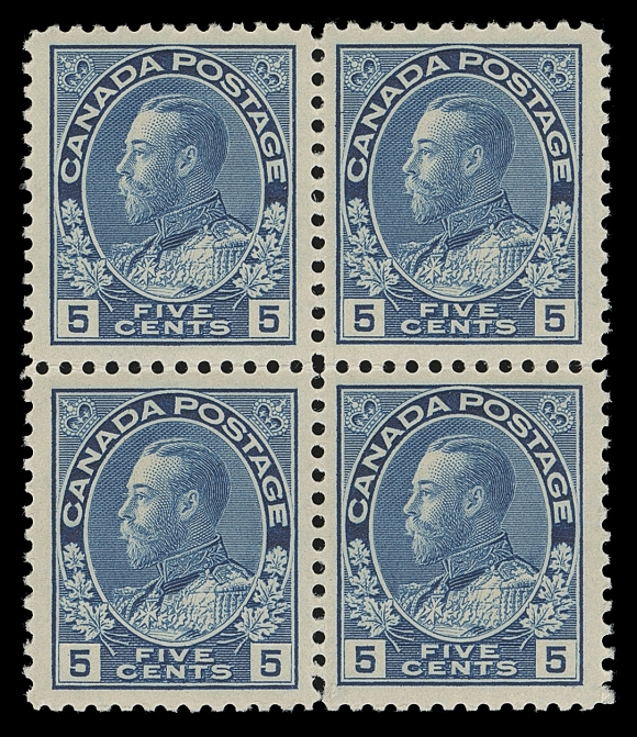 CANADA  111,A very well centered mint block of four, large margined and printed in a bright shade of blue for striking effect, full pristine original gum, VF+ NH