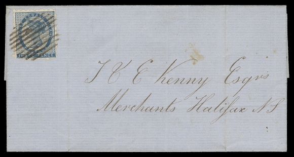 PRINCE EDWARD ISLAND  1861 (November 6) Folded cover from Murray Harbour, PEI to Halifax franked with a lovely fine example of the 1861 3p blue on soft yellowish paper perf 9, tied by two converging ten-bar grid cancels, docketing on backflap, faint Prince Edward  Island NO 6 transit and oval "H" (Halifax) NO 9 receiver backstamps. An attractive interprovincial 3 pence letter rate to Nova Scotia, F-VF and scarce; 2019 Greene Foundation cert. (Unitrade 2)