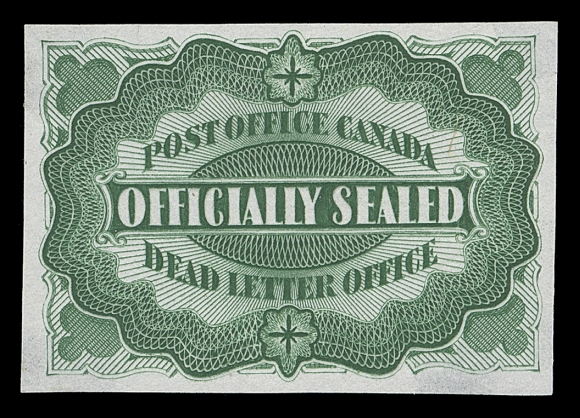 CANADA  OX1,Trial Colour Die Proof printed in bright green on india paper with natural unevenness,  brilliant fresh colour and very sharp impression. An extraordinary and very rare die proof, the first we recall seeing, VF