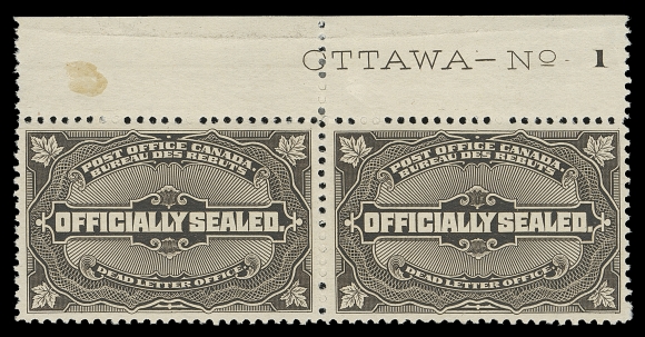 CANADA  OX4,A well centered and seldom seen mint plate pair with imprint "OTTAWA - No. 1", small spot of gum and single hinge both in margin only, stamps with full original gum and VF NH (Unitrade cat. $1,200+)