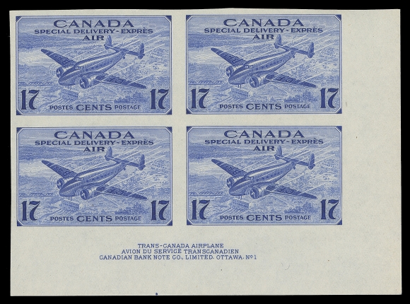 CANADA  CE2a,A remarkable mint imperforate Lower Right Plate 1 block of four, brilliant fresh colour and in an excellent state of preservation, the UNIQUE lower right position, VF LH