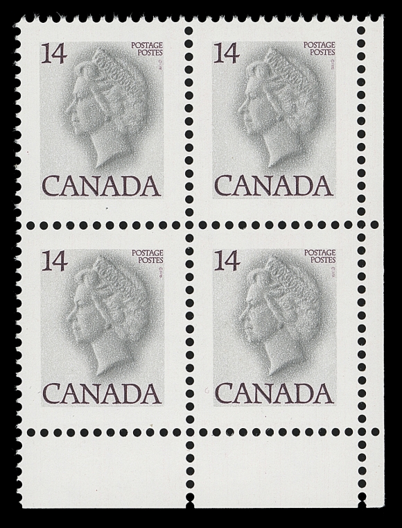 CANADA  716c,A fabulous lower right corner block of four, without imprint from field stock as are all known, with both the red colour and tagging completely omitted in error; in pristine condition, an absolute rarity, VF NH; 1980 Gary Lyon cert.