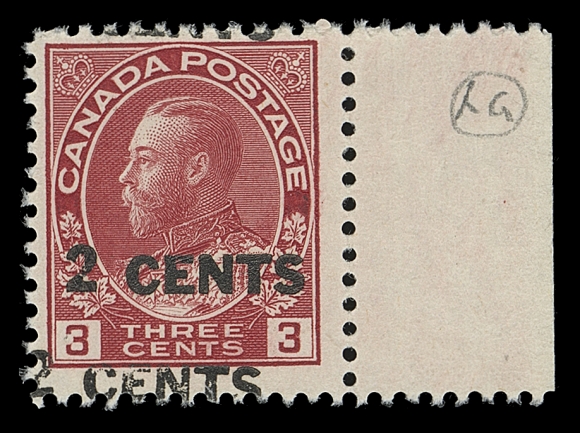 CANADA  139b,Right margin mint single with double surcharge error - both noticeably shifted from their intended location, pencil signed K. Bileski on reverse, quite scarce, F-VF LH