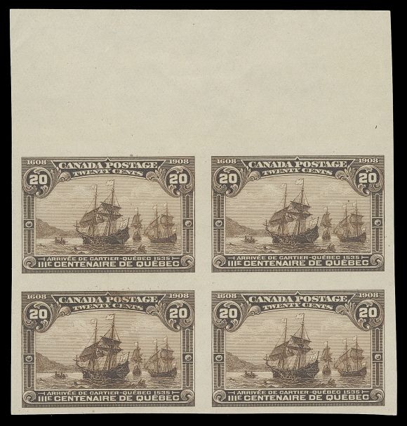 CANADA  103ii,Imperforate block of four with top sheet margin, in a noticeably deeper shade of brown originating from the so-called first printing, ungummed as issued, XF (Unitrade 103ii)