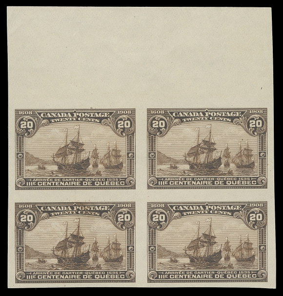 CANADA 103ii,Imperforate block of four with top sheet margin, in a noticeably deeper shade of brown originating from the so-called first printing, ungummed as issued, XF (Unitrade 103ii)