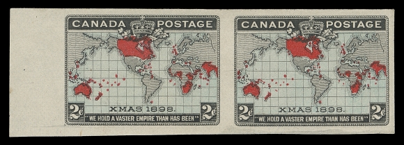 CANADA  86a,Imperforate pair with bluish green oceans (Plate 5 Pos. 51-52) with characteristic plate markings at lower left of left stamp and curved engraver
