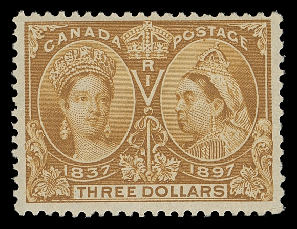 CANADA  63i variety,A reasonably centered mint single showing Major Re-entry (Position 13) with distinctive mark in "O" of "POSTAGE", as well as marks in "P" and "S" and below the latter in the oval, bright fresh colour, couple irregular perfs, nevertheless with full original gum, F-VF NH (Unitrade cat. $4,800 for the listed $3 re-entry)The current Unitrade specialized catalogue does list a Major Re-entry, emanating from Position 19. The plate variety offered here is just as prominent and is documented on the informative Ralph Trimble Re-entry website.