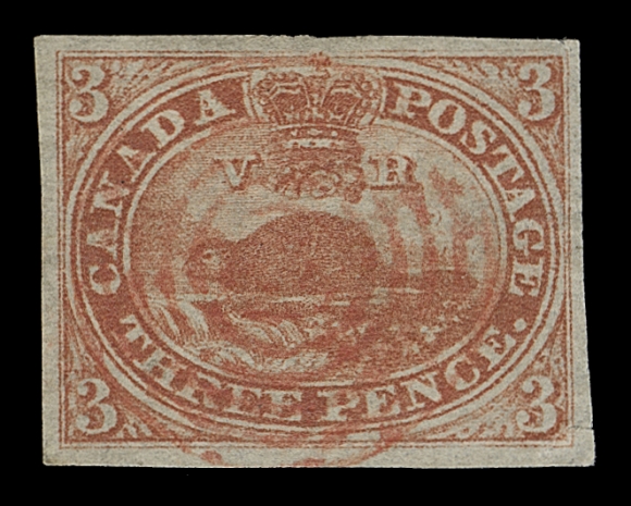 CANADA  4d,A four margined example with centrally struck concentric rings cancel IN RED, minute tear at bottom right, a very scarce colour cancelled stamp, VF