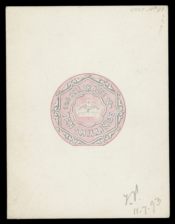 GREAT BRITAIN  Revenue,Artist essay of 1893 Bill or Note Ten Shillings denomination, with strongly embossed central "Crown", the surrounding design hand-painted in pink, black and Chinese white on thick card measuring 67 x 88 mm, ink manuscript date “11.7.93” and initialled at foot and "July 11th 93" at top. Possibly unique and stated by K. Bileski to be from the Ferrari collection, attractive, VF