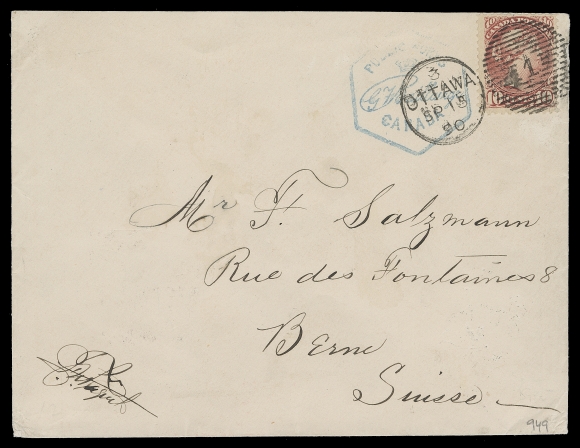 CANADA  1890 (September 15) A clean, fresh cover from the Government Public Works at Ottawa to Bern, Switzerland, bearing a nice 10c rose carmine neatly tied by Ottawa duplex, blue hexagonal government official handstamp (Davis DPW-4) countersigned at left, London SP 24 and clear Bern 26.IX.90 transit backstamps; prepaid with postage for the double UPU letter rate as the free franking privilege was not authorized outside Canada, VF (Unitrade 45a)Provenance: Charles deVolpi, January 1966; Lot 112                   Matthew Carstairs, November 1985; Lot 302