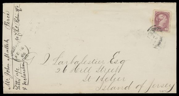 CANADA  1886 (February 16) Large cover somewhat reduced at side, mailed  from Perch, Quebec to Jersey, bearing a single 10c deep lilac  rose, Montreal printing perf 12 nicely centered with large  margins, tied by light segmented cork, Percé split ring dispatch; on reverse partially legible Campbellton, NB FE 18  transit and  superb Jersey MR 3 86 CDS struck on arrival. A very scarce Small  Queen cover to the Channel Islands, especially so franked with  the10c stamp, VF (Unitrade 40b)

Only one other 10c Small Queen had been reported to Jersey -  interestingly enough mailed on same day from the same  correspondence (see Eastern Auctions October 2013; Lot 1102).
