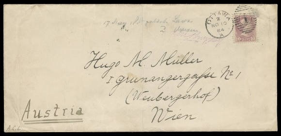 CANADA  1884 (November 10) Legal envelope from Geological Survey of Canada / Department of the Interior Ottawa embossed side flap to Vienna, Austria; central vertical fold and minor edge wrinkle, nevertheless in great condition and bearing a well centered 10c bright rose lilac, Montreal printing perf 12, tied by Ottawa duplex, official handstamp signature at left, London NO 20 and Austrian receiver backstamp. Pays a double UPU letter rate to Austria, F-VF (Unitrade 40) ex. Norman Brassler (February 1996; Lot 439)