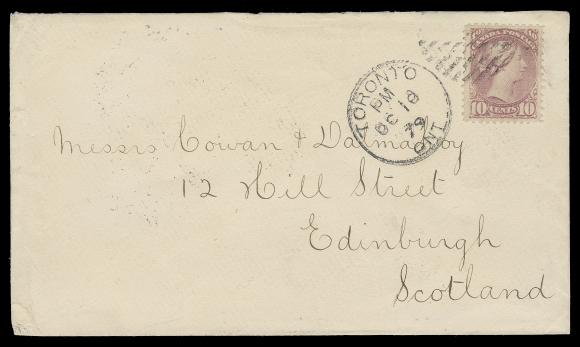 CANADA  1879 (October 10) A lovely cover in pristine condition franked with a choice, well centered 10c rose lilac, Montreal printing perf 12 tied by ideal Toronto duplex datestamp to Edinburgh, Scotland, superb Edinr & Carstairs Sorting Tender OC 22 backstamp; paying a desirable early UPU letter rate to the United Kingdom. A beautiful cover in all respects, XF (Unitrade 40) ex. Bill Simpson, Part I (March 1996; Lot 313)