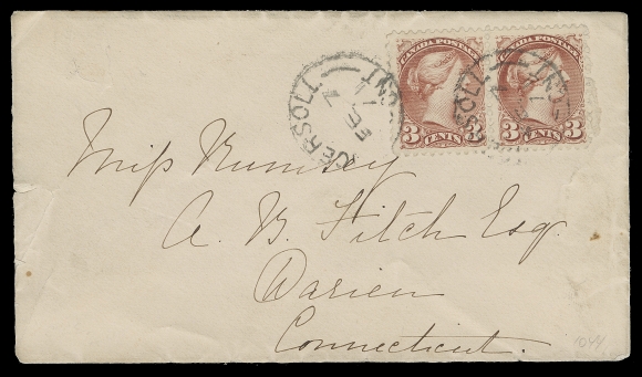 CANADA  1871 (February 7) Small cover bearing a selected, well centered pair of the elusive 3c deep rose red on thick soft paper, characteristic uncleared perf discs, addressed to Connecticut, USA, stamps tied by Ingersoll, Ont FE 7 71 CDS, small negligible cover tear at left. An attractive in-period and very scarce multiple franking of this short-lived printing, VF; 1990 RPS of London cert. (Unitrade 37i) ex. John Siverts (May 1989; Lot 1044)