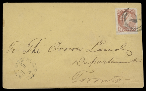 CANADA  1872 (March 14) Buff envelope from Watsons Corners, C.W. to Toronto, slightly reduced at right, bearing 3c rose, Montreal printing perf 12, scissor separated owing to a misperforation. Tied by a VF well-inked and very rare two-ring "4" (RF8) of Watsons Corners, a distinctive numeral cancel that is slightly larger than the Halifax "4", clear split ring dispatch at left, Toronto MR 16 receiver backstamp. Very few Watsons Corners two-ring cancelled covers exist, F-VF; clear 2002 Greene Foundation cert. (Unitrade 37a)